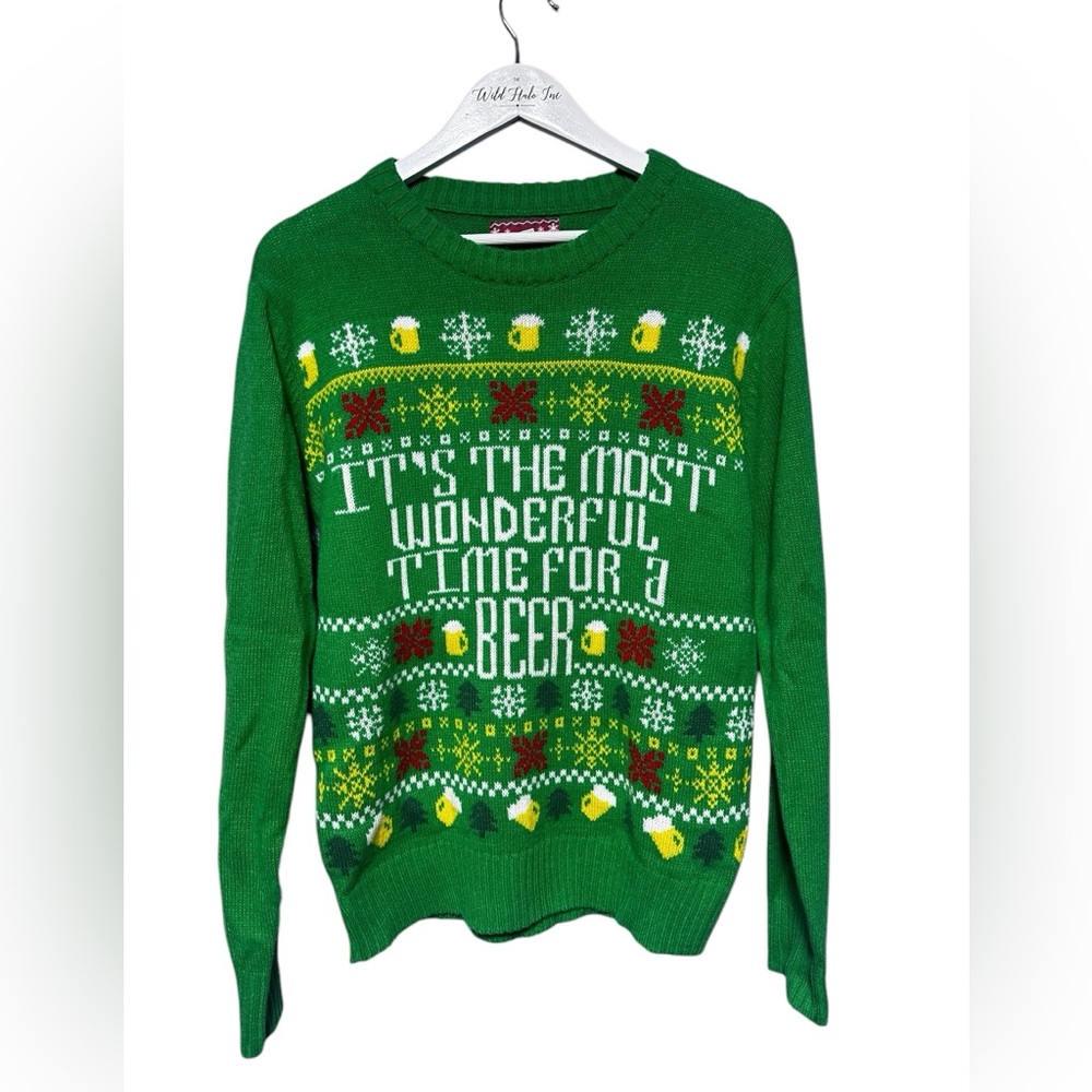 Unisex Ugly Christmas Sweater Beer Theme Medium Green Holiday Crew Neck